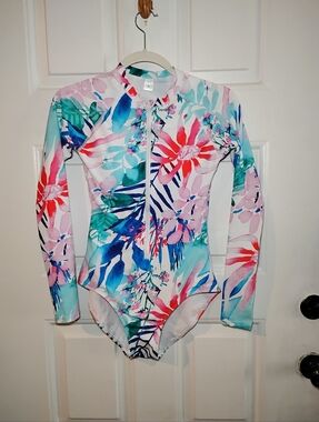 Floral Zip-Front Long Sleeve One-Piece Swimsuit - Pink/Blue